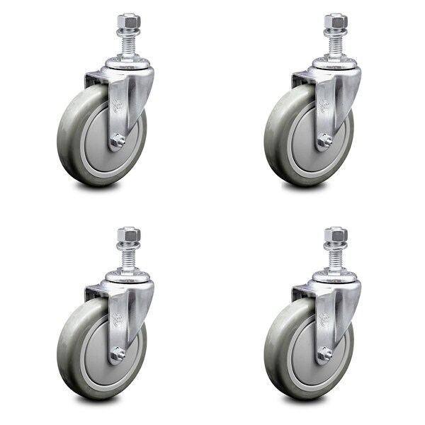 5 Inch Gray Polyurethane Wheel Swivel 12mm Threaded Stem Caster Set SCC
